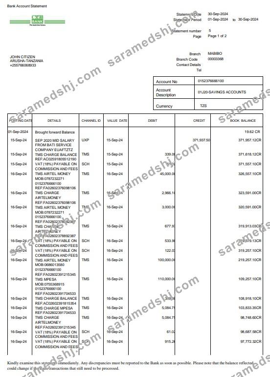 Tanzania CRDB bank statement 3 – 6 months Word and PDF example